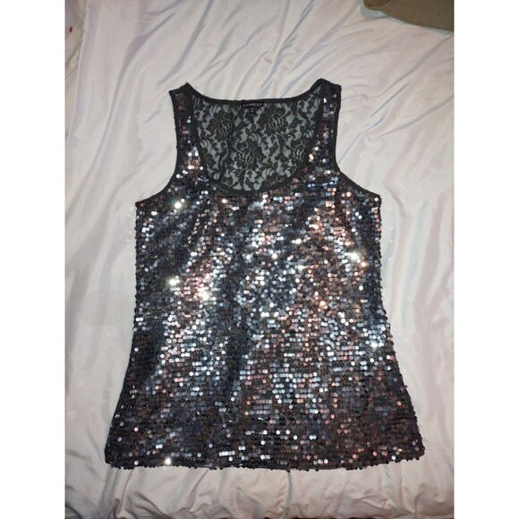 5/$25 EUC Sz M Sequin & Lace Sparkly Tank Top Express Grey & Silver - Picture 1 of 5